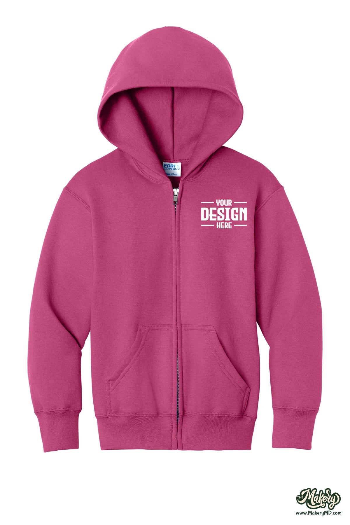 Port & Co Youth Core Fleece Full-Zip Hooded Sweatshirt. PC78YZH (Choose Your Design)