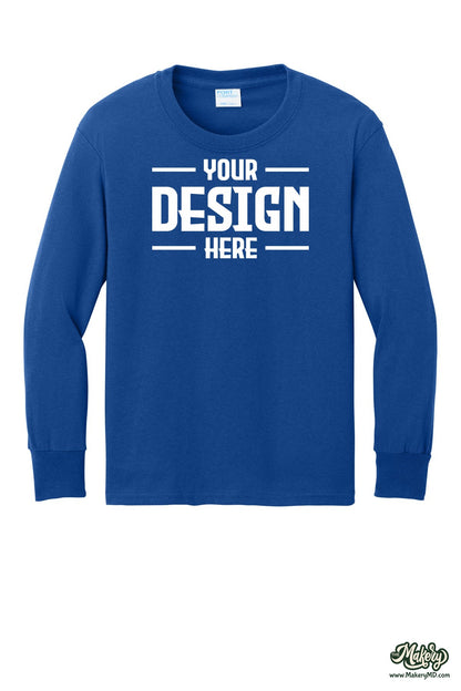 Port & Co Youth Long Sleeve Core Cotton Tee. PC54YLS (Choose Your Design)