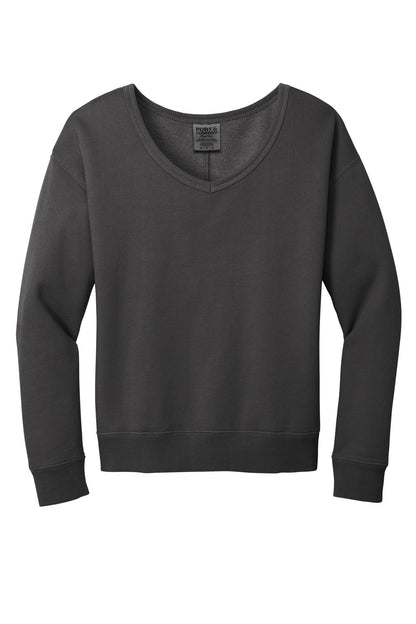 Port & Co Women's Beach Wash Garment-Dyed V-Neck Sweatshirt LPC098V (Choose Your Logo)