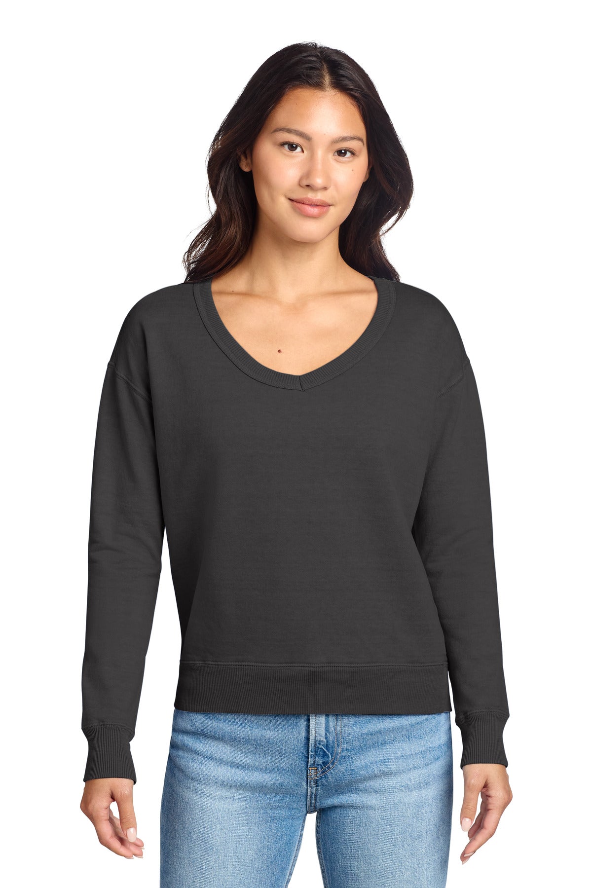 Port & Co Women's Beach Wash Garment-Dyed V-Neck Sweatshirt LPC098V (Choose Your Logo)