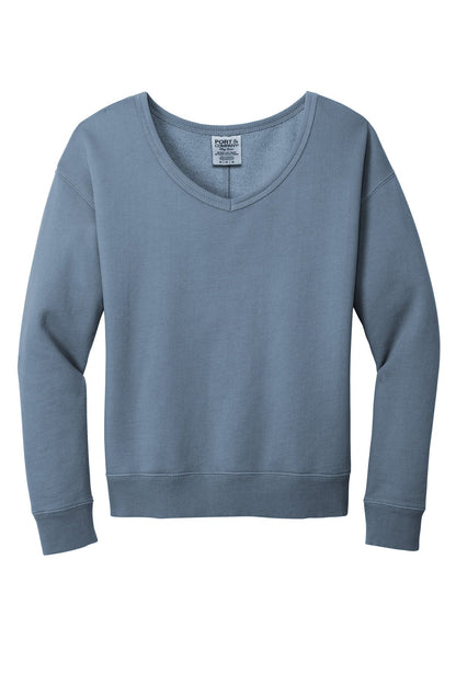 Port & Co Women's Beach Wash Garment-Dyed V-Neck Sweatshirt LPC098V (Choose Your Logo)