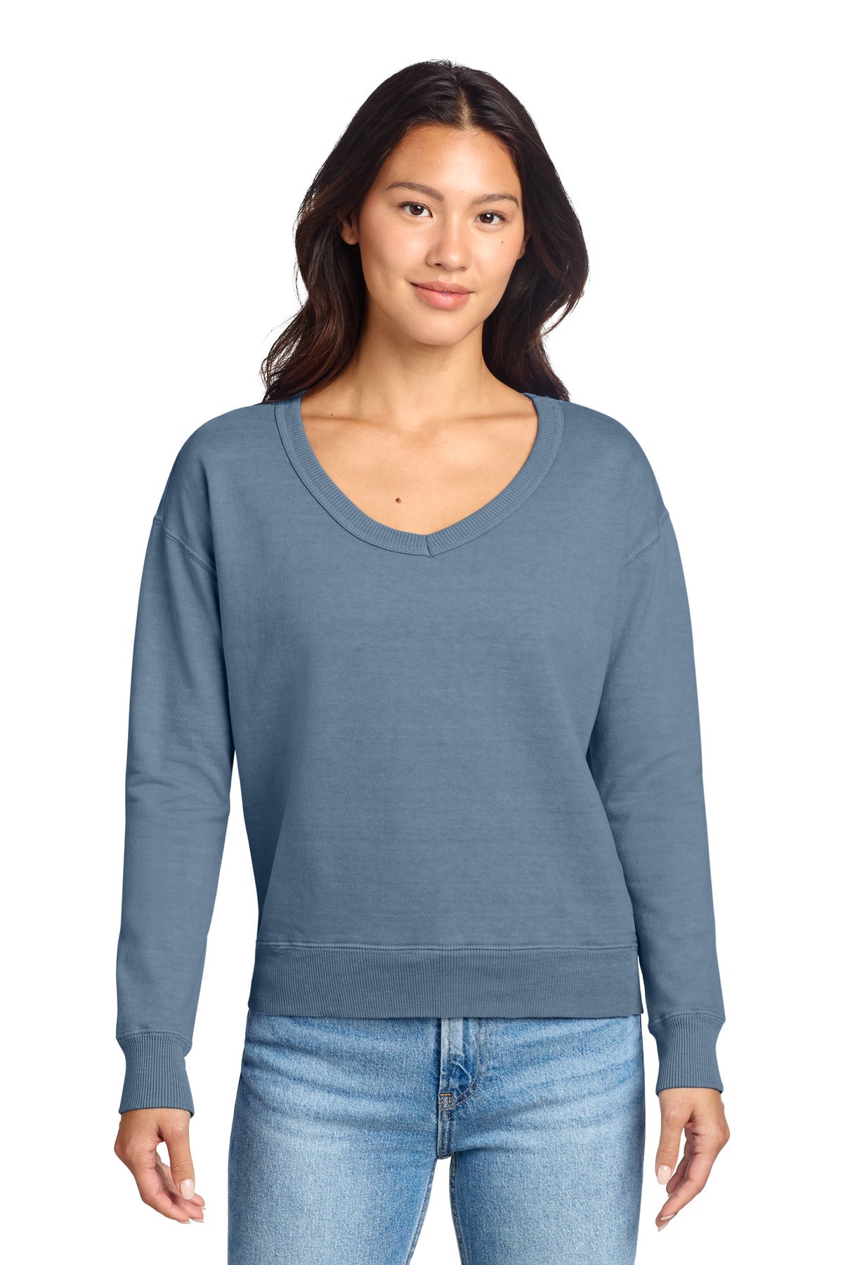 Port & Co Women's Beach Wash Garment-Dyed V-Neck Sweatshirt LPC098V (Choose Your Logo)