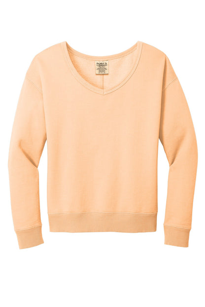 Port & Co Women's Beach Wash Garment-Dyed V-Neck Sweatshirt LPC098V (Choose Your Logo)