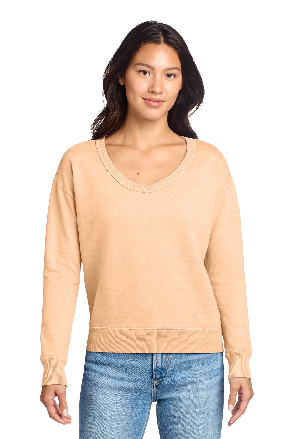 Port & Co Women's Beach Wash Garment-Dyed V-Neck Sweatshirt LPC098V (Choose Your Logo)
