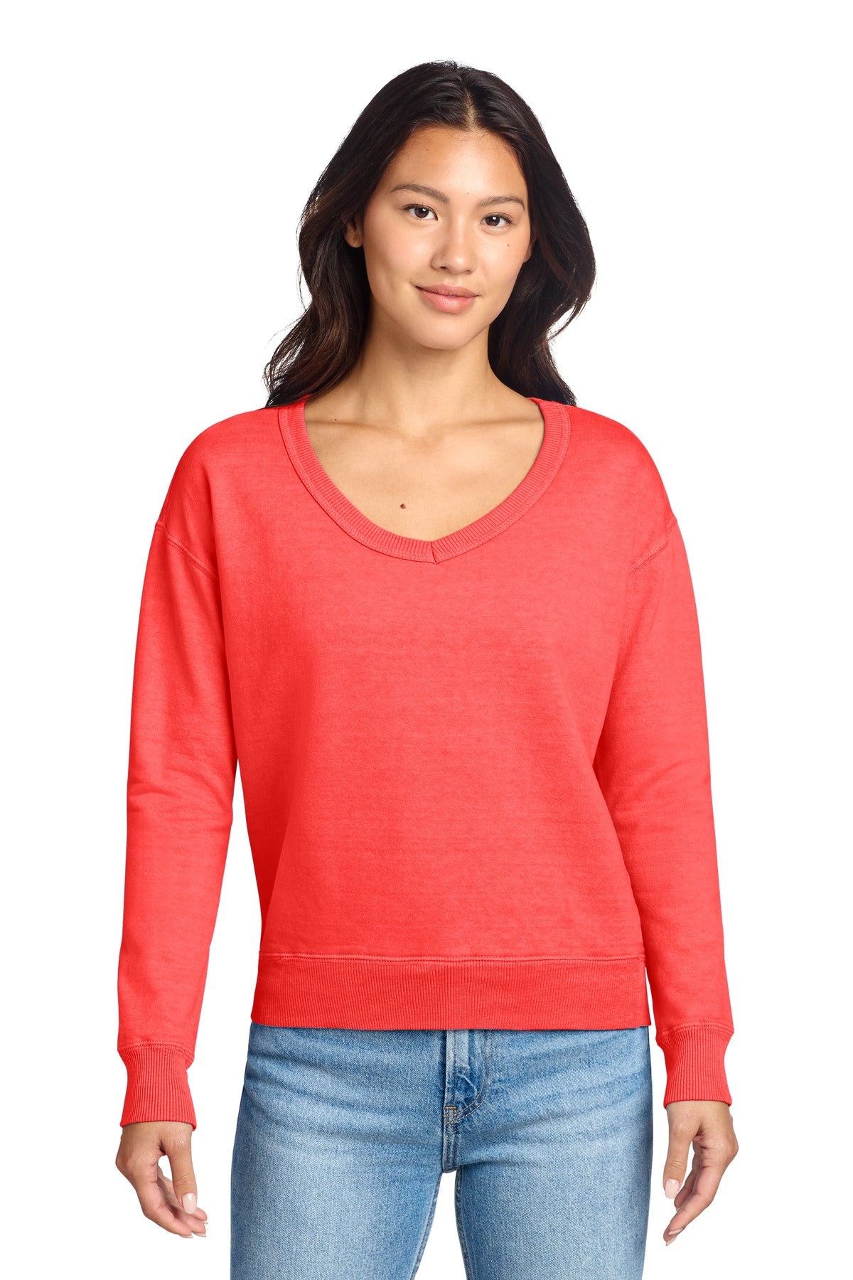Port & Co Women's Beach Wash Garment-Dyed V-Neck Sweatshirt LPC098V (Choose Your Logo)