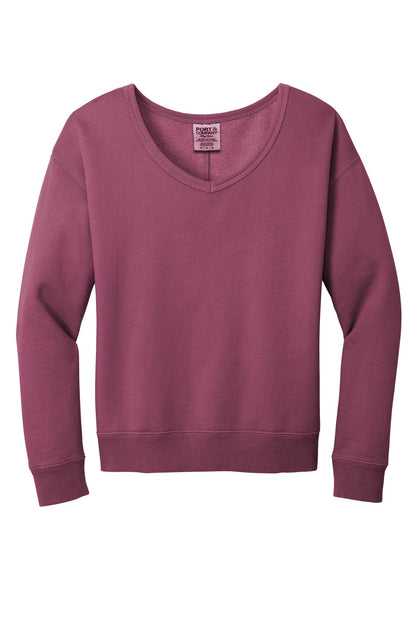 Port & Co Women's Beach Wash Garment-Dyed V-Neck Sweatshirt LPC098V (Choose Your Logo)