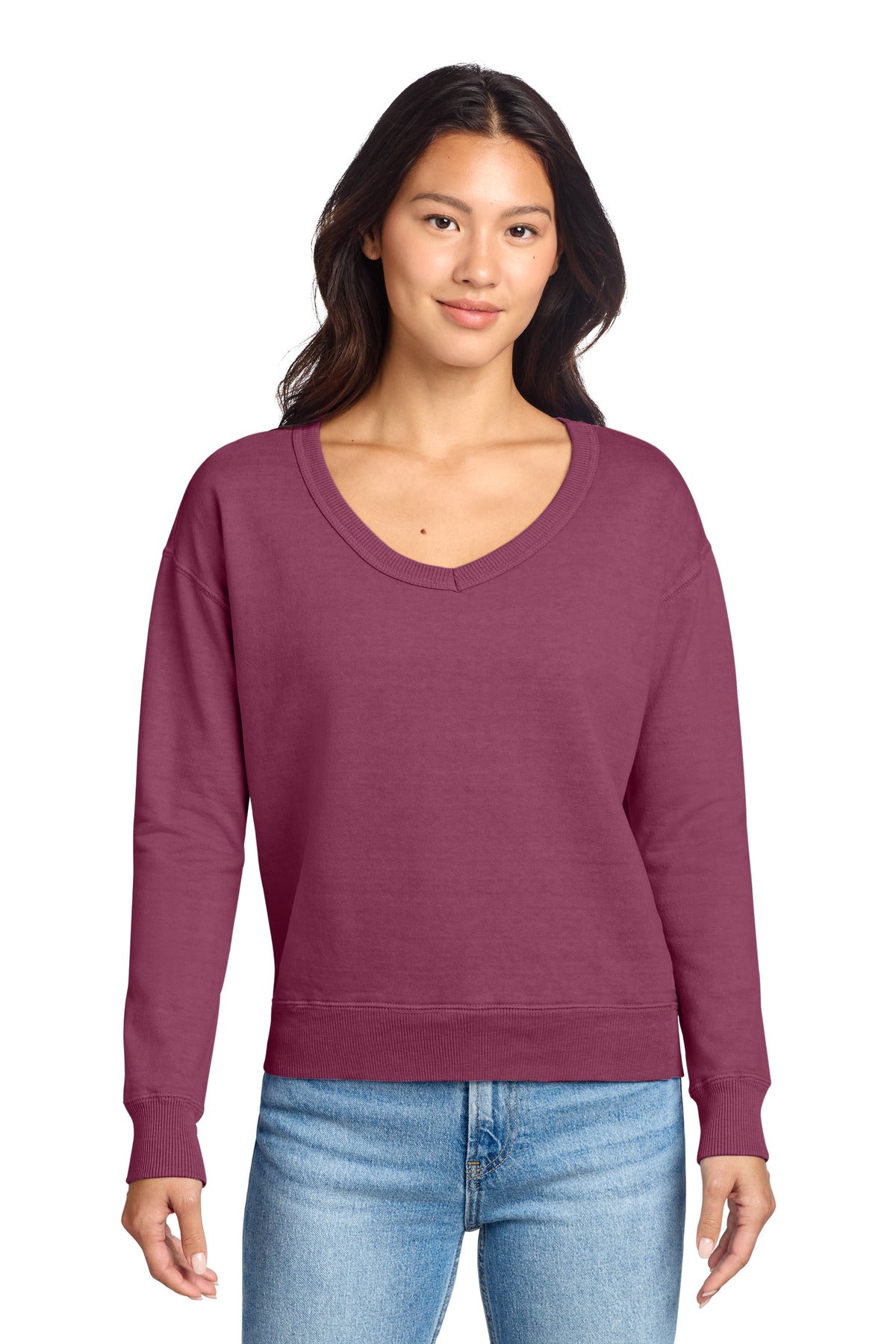 Port & Co Women's Beach Wash Garment-Dyed V-Neck Sweatshirt LPC098V (Choose Your Logo)
