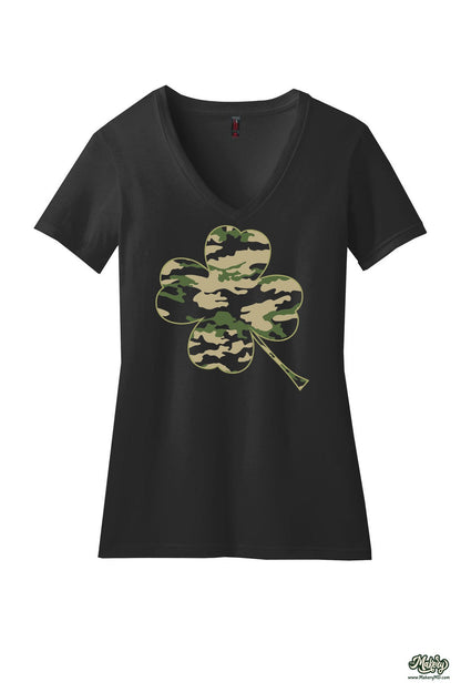 Camo Clover - Ladies V-Neck / Black / front