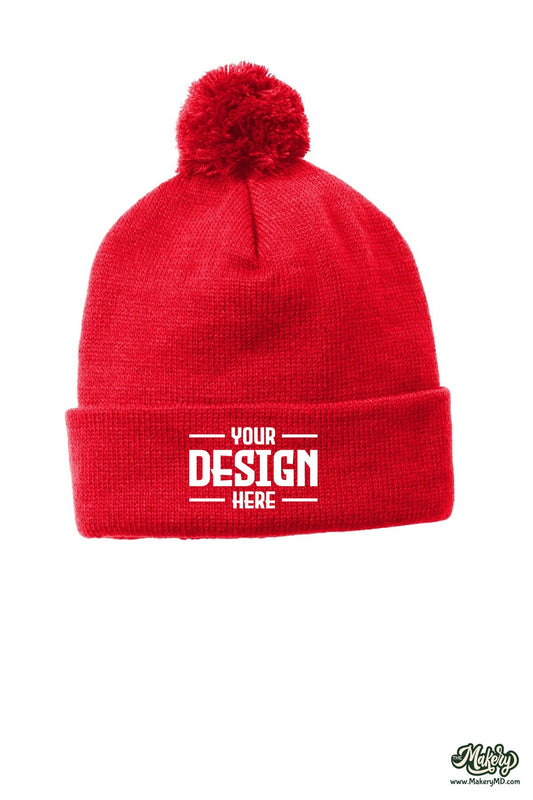 Sport-Tek Solid Pom Pom Beanie. STC37 (Choose Your Design)