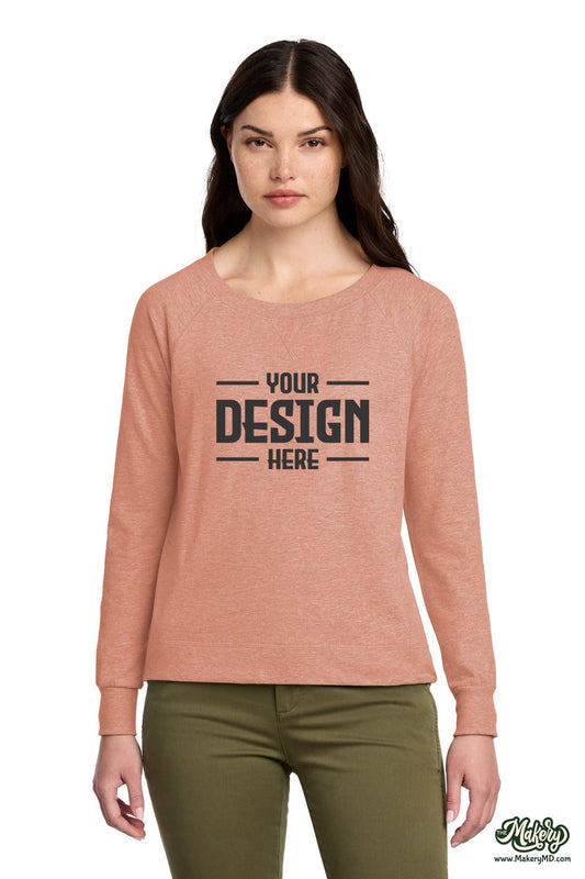 District Women's Featherweight French Terry Long Sleeve Crewneck. DT672 (Choose Your Design)