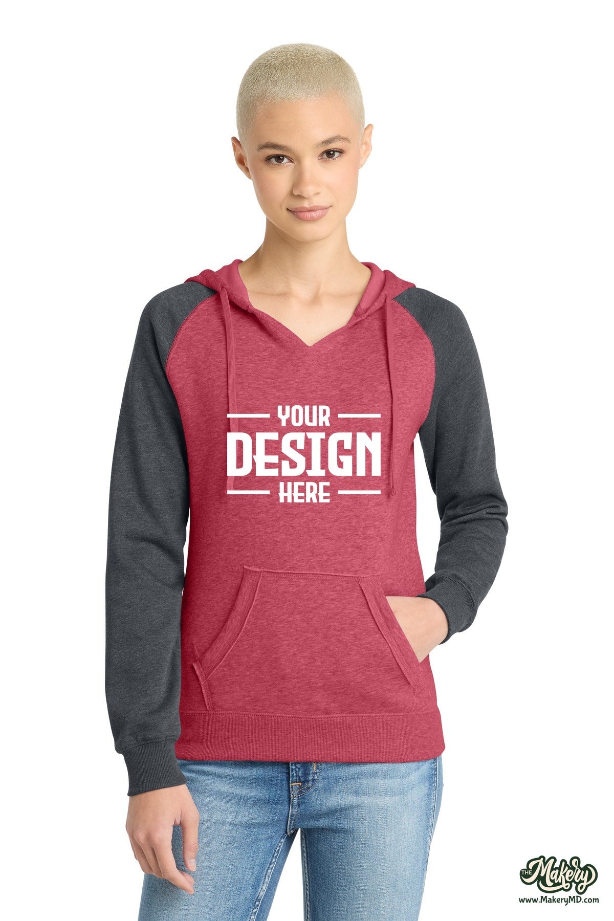 District Women's Lightweight Fleece Raglan Hoodie. DT296 (Choose Your Design)